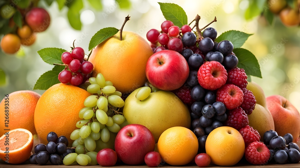 A vibrant collection of fresh fruits, including apples, oranges, grapes, raspberries, and plums, arranged artfully against a blurred green background. A vibrant collection of fresh fruits, including apples, oranges, grapes, raspberries, and plums, arranged artfully against a blurred green background.