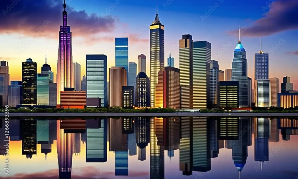Modern urban skyline with reflective glass skyscrapers video background, buildings video background, skyscrapers video background, glass buildings video background, generated with ai