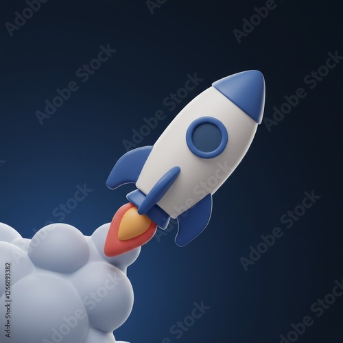 3D illustration of a rocket flying, featuring a minimal design with business elements in a 3D icon theme

