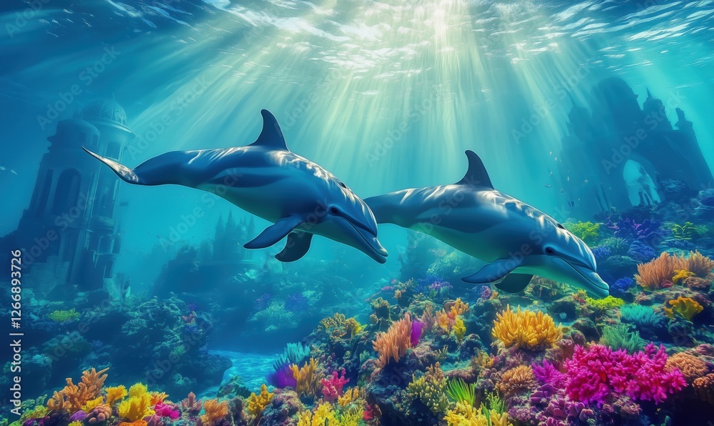 Fototapeta premium Dolphins swimming in vibrant coral reef with ancient ruins in background