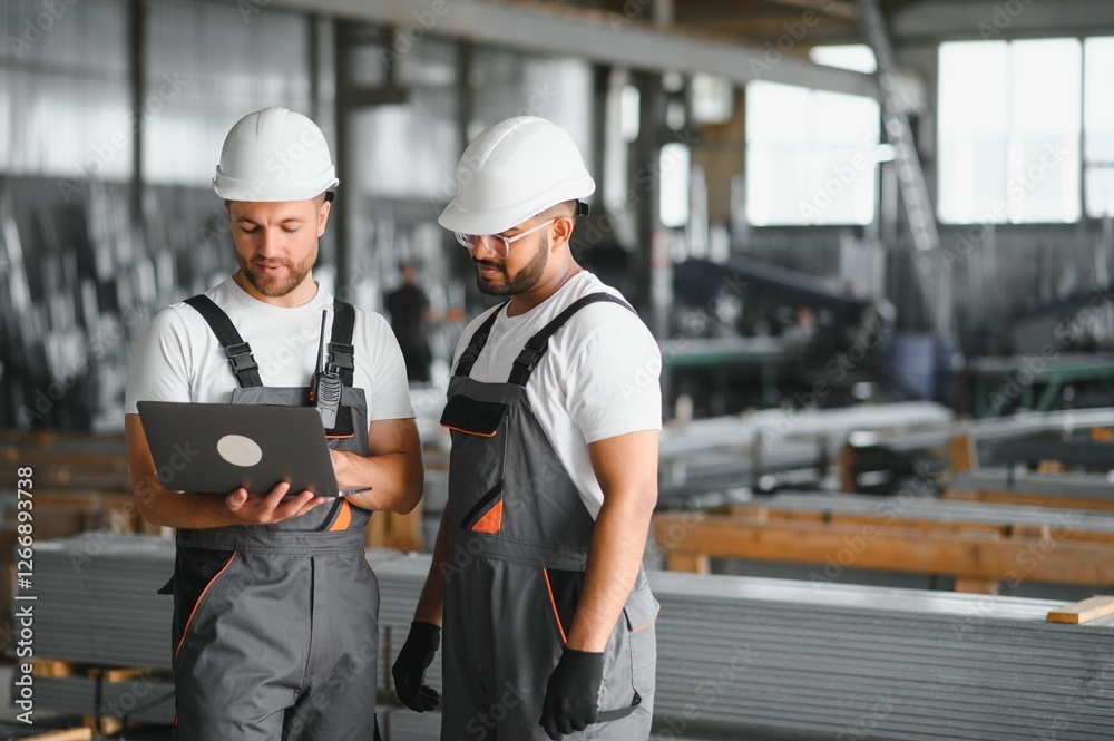 Two Heavy Industry Employees in Hard Hats Discussing Job Assignments at the Factory, Using Laptop Computer Two Heavy Industry Employees in Hard Hats Discussing Job Assignments at the Factory, Using Laptop Computer