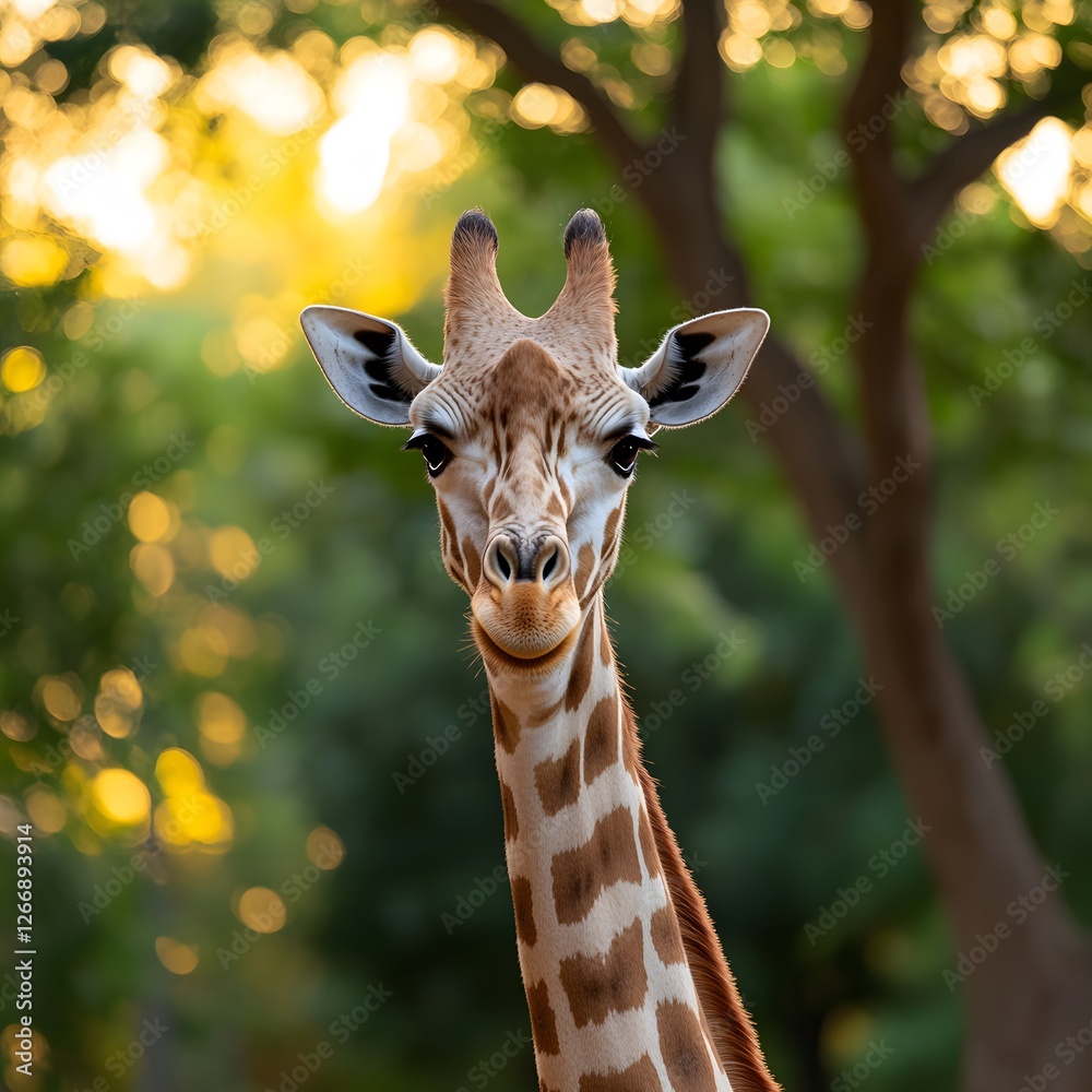 Obraz premium Smiling giraffe portrait, zoo, sunset bokeh, wildlife conservation