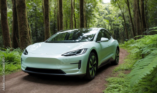 A white electric car is driving along a dirt road in a lush green forest. The clean, eco-friendly vehicle  photo