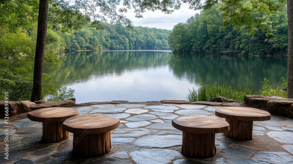 Fototapeta premium Rustic patio with wooden benches overlooking tranquil lake view