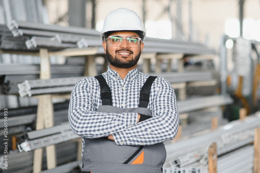 Operator of machine. Industrial worker indoors in factory. Young technician in white hard hat Operator of machine. Industrial worker indoors in factory. Young technician in white hard hat