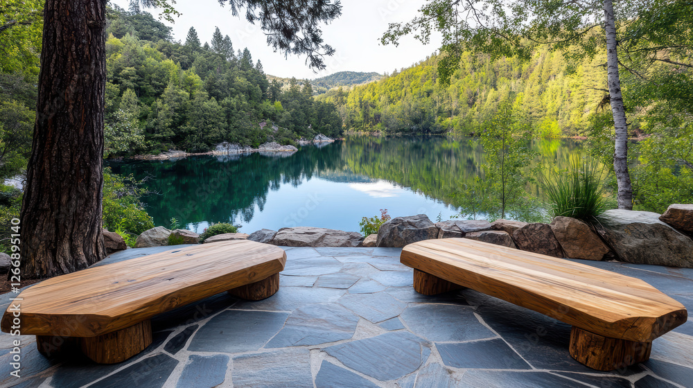 Obraz premium Rustic patio with wooden benches overlooking tranquil lake view