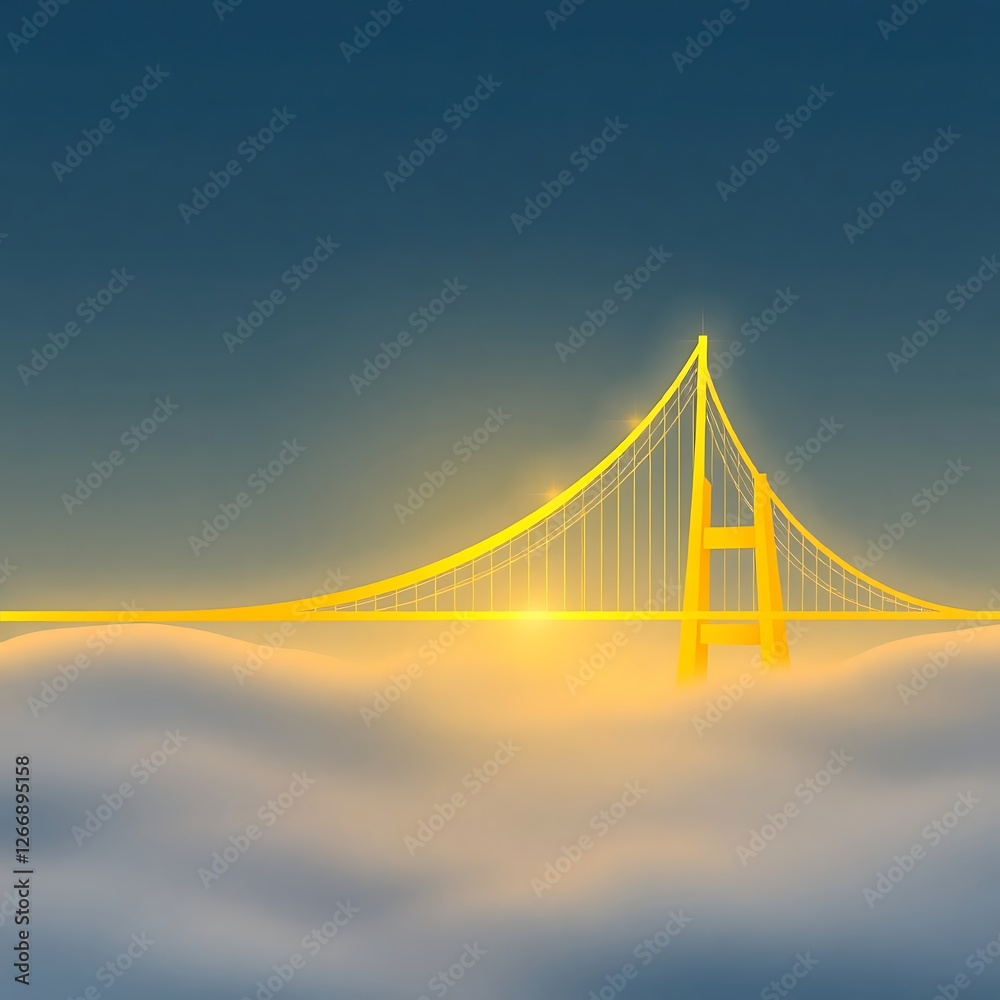 Obraz premium Golden Suspension Bridge, Glowing Structure, Foggy Atmosphere, Ethereal Landscape, Surreal Architecture, Dreamlike Scene, Illuminated Cables, Futuristic Vision, Abstract Cityscape