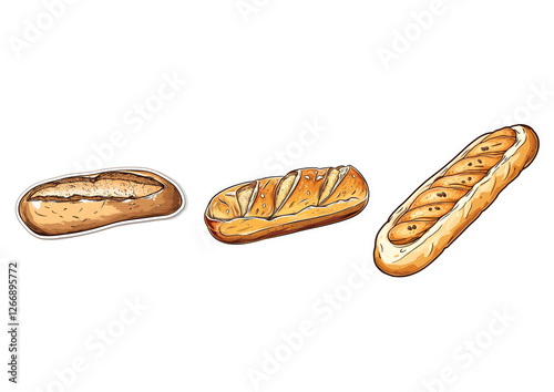 Assorted Breads Cartoon Style Illustration.