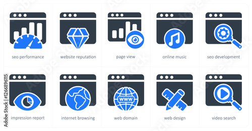 A set of 5 seo icons as seo performance, website reputation, page view
