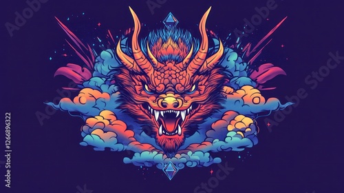 Vibrant dragon head graphic art, fantasy, digital illustration, background design photo