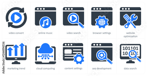 A set of 5 seo icons as video convert, online music, video search