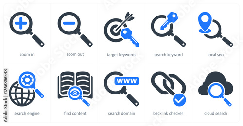A set of 5 seo icons as zoom in, zoom out, target keywords