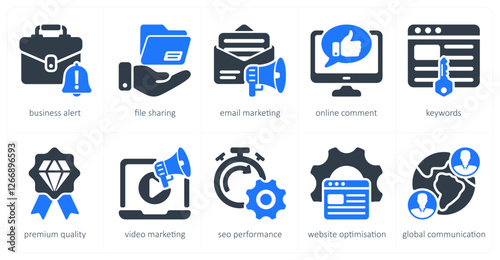 A set of 5 seo icons as business alert, file sharing, email marketing