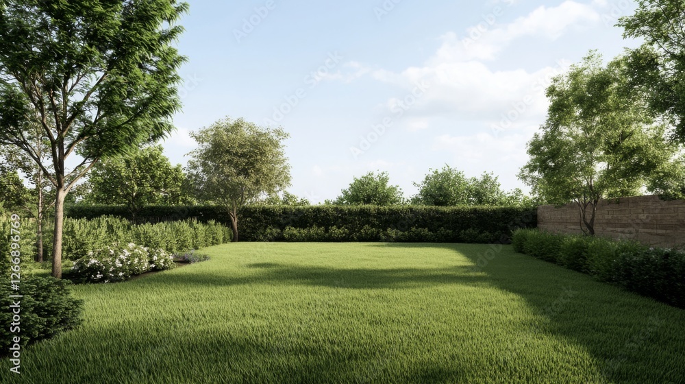 Fototapeta premium Lush Backyard Garden Scene; Sunny Day; Tranquil Setting; Ideal for Home Design