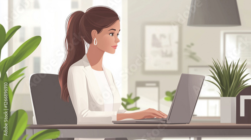 Businesswoman working on laptop in professional office. illustration Businesswoman in white business suit working on laptop in modern office. young businesswoman controls work process and efficiency.