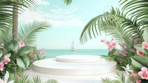 Tropical scene with podiums, palm leaves, flowers, and sailboat on the ocean, perfect for summer or product display, bright blue sky and lush greenery
