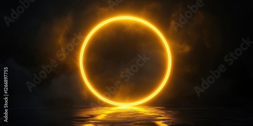 Glowing golden circle in dark atmosphere with reflective surface and misty background