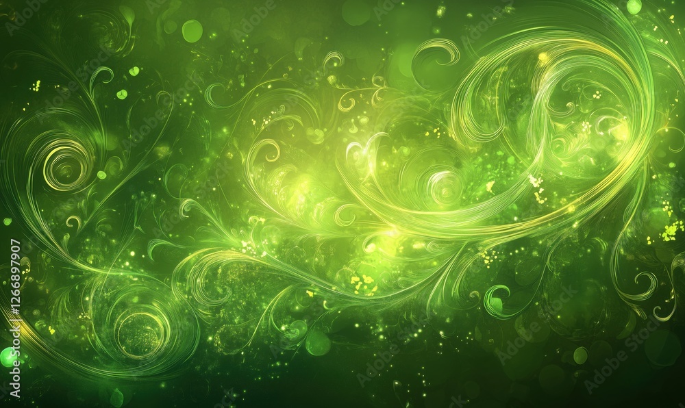Abstract green swirl background with glowing lights and intricate patterns