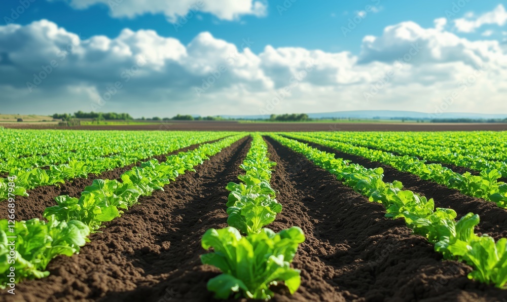 Lush green lettuce fields under a bright blue sky with fluffy clouds Lush green lettuce fields under a bright blue sky with fluffy clouds