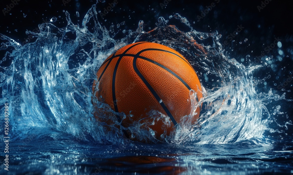 Basketball splashing in water creating dynamic motion and energy