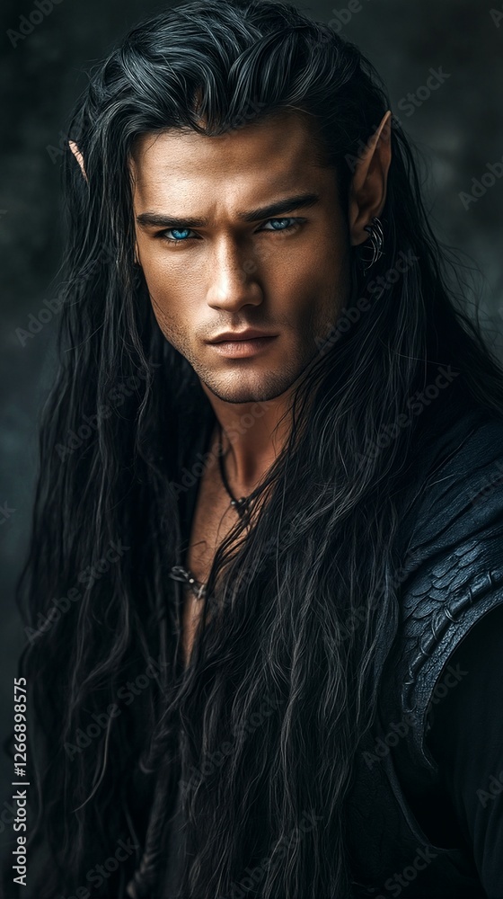 A close-up portrait of a male elf with long dark hair and pointed ears. A close-up portrait of a male elf with long dark hair and pointed ears.
