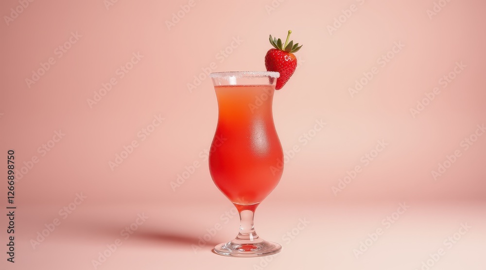 A frothy strawberry cocktail adorned with a single berry on the rim, showcasing refreshing fruitiness and minimal pastel decor. A frothy strawberry cocktail adorned with a single berry on the rim, showcasing refreshing fruitiness and minimal pastel decor.