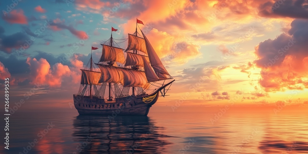 Majestic sailing ship at sunset with vibrant clouds and calm waters Majestic sailing ship at sunset with vibrant clouds and calm waters