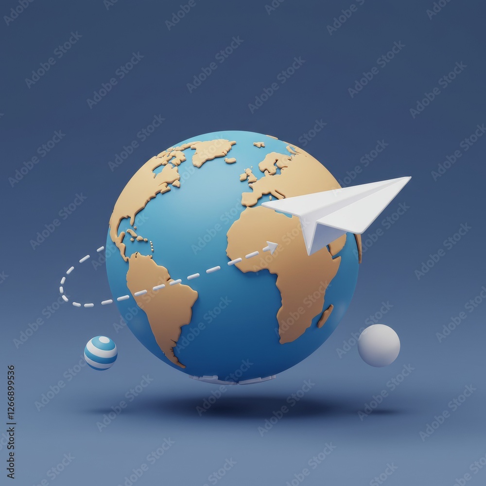 Fototapeta premium 3D illustration of a paper plane flying around Earth, featuring a minimal design with business elements in a 3D icon theme