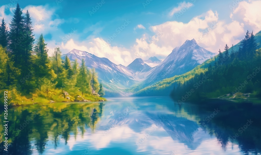 Serene mountain landscape with tranquil lake and lush greenery under blue sky Serene mountain landscape with tranquil lake and lush greenery under blue sky