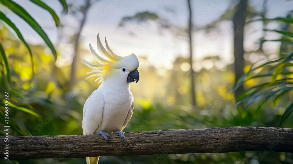 Sulphur Crested Cockatoo at Sunrise in Lush Tropical Foliage Sulphur Crested Cockatoo at Sunrise in Lush Tropical Foliage