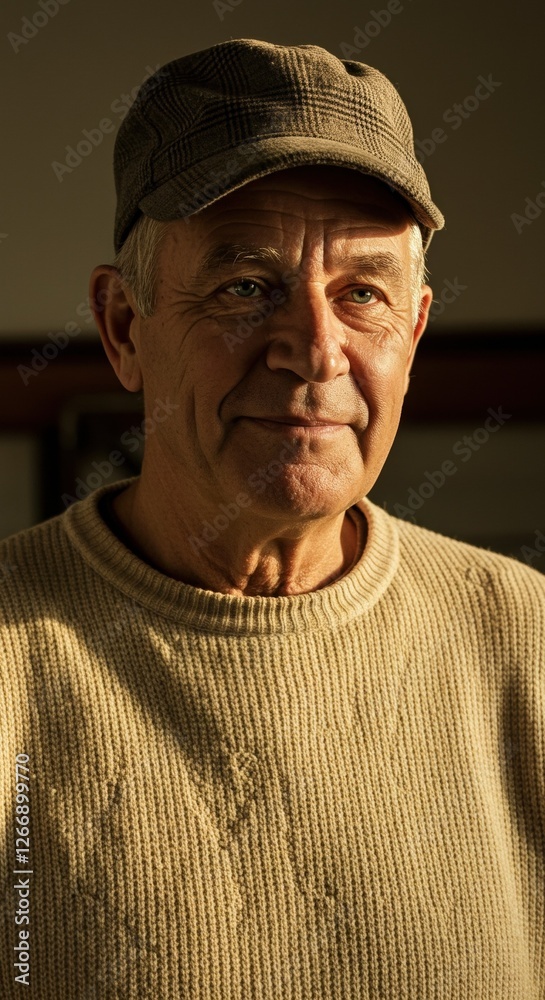 Portrait of a Mature Man in Warm Lighting, Wearing a Knitted Sweater and Cap, Perfect for Lifestyle and Fashion Concepts Portrait of a Mature Man in Warm Lighting, Wearing a Knitted Sweater and Cap, Perfect for Lifestyle and Fashion Concepts