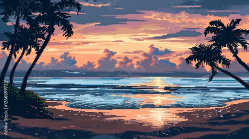 Imagine a serene pixel art beach at sunset, with waves gently lapping at the shore. 