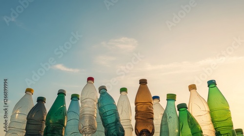 Plastic bottles against a clear sky at sunset. Possible use Environmental awareness photo