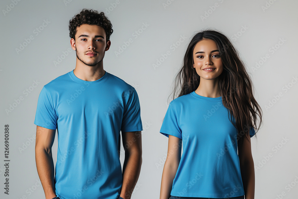 A young couple wearing a blue matching t-shirt mockup used as a design template A young couple wearing a blue matching t-shirt mockup used as a design template