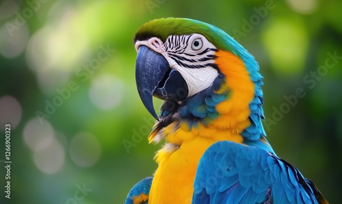Vibrant macaw parrot with striking blue and yellow feathers in natural setting
