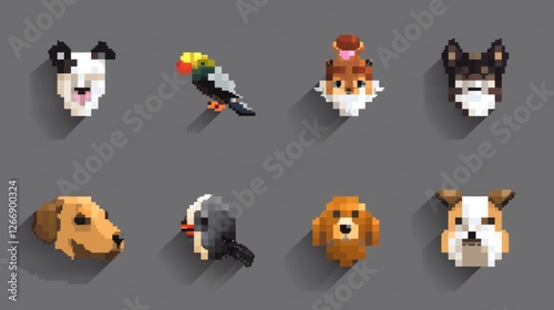 Imagine a series of pixel-style animal icons, showcasing a variety of creatures such as cats, dogs, birds, and fish.