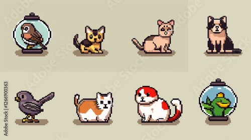 Imagine a series of pixel-style animal icons, showcasing a variety of creatures such as cats, dogs, birds, and fish.