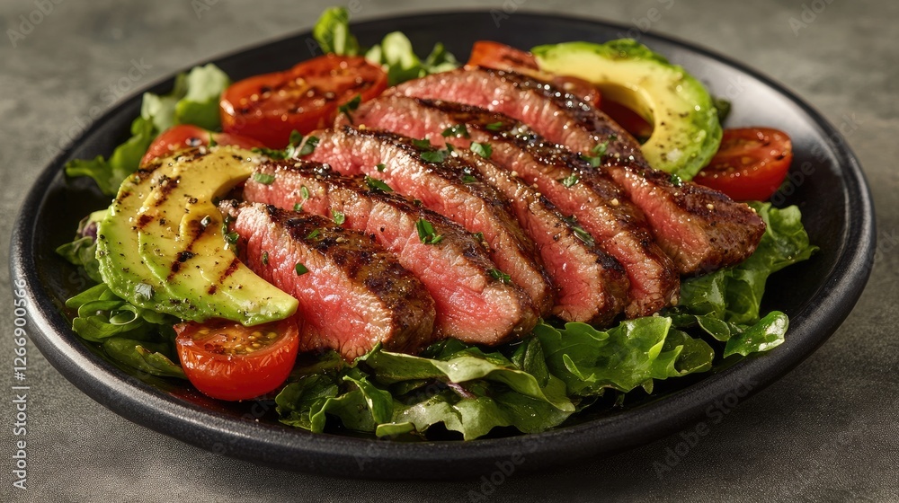 A delicious steak salad featuring slices of grilled steak atop mixed greens, cherry tomatoes, and avocado, drizzled with a tangy dressing for a healthy meal option. A delicious steak salad featuring slices of grilled steak atop mixed greens, cherry tomatoes, and avocado, drizzled with a tangy dressing for a healthy meal option.
