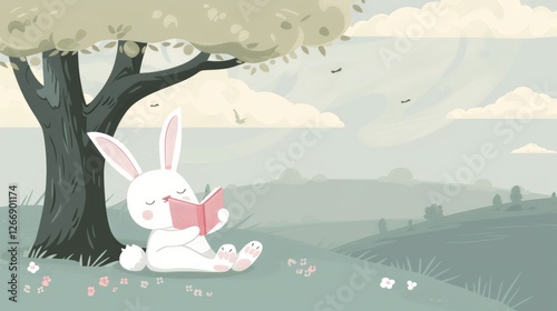 Imagine a vector rabbit relaxing under a tree, reading a book. 