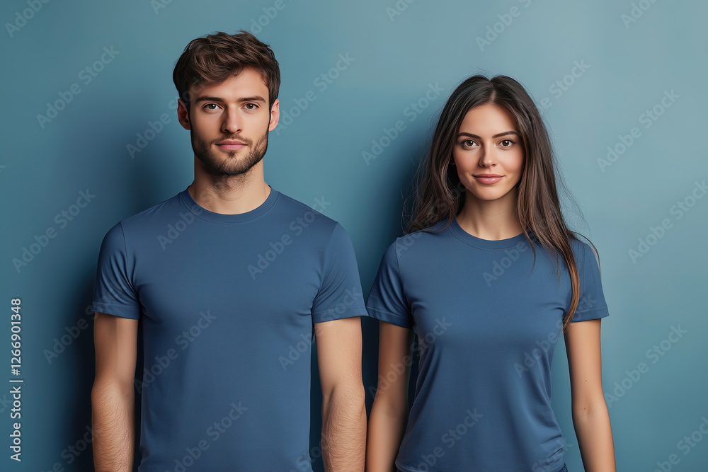 A young couple wearing a blue matching t-shirt mockup used as a design template A young couple wearing a blue matching t-shirt mockup used as a design template