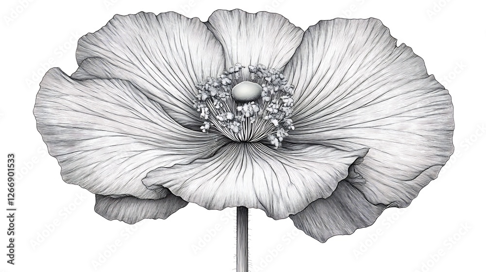 Fototapeta premium Delicate Monochrome Poppy Flower Detailed Drawing