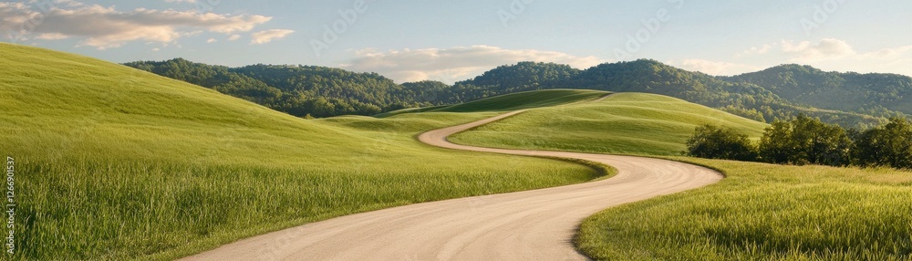 Serene winding country road through lush green fields and rolling hills under a beautiful blue sky Serene winding country road through lush green fields and rolling hills under a beautiful blue sky