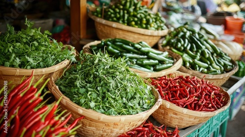 A farmer's market stall displaying an array of fresh herbs and chili peppers, capturing the essence of local produce and the foundation of flavorful Thai dishes.