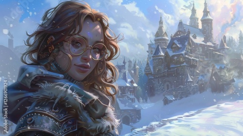 Portrait of a female fantasy character. Castle in a winter landsacpe in background.