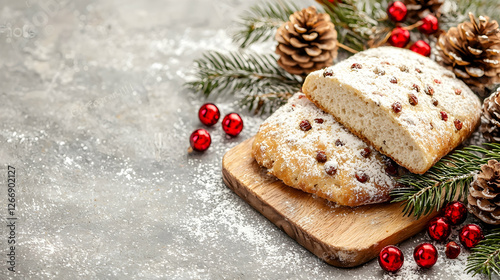 Christmas cranberry bread sliced on board, festive background photo