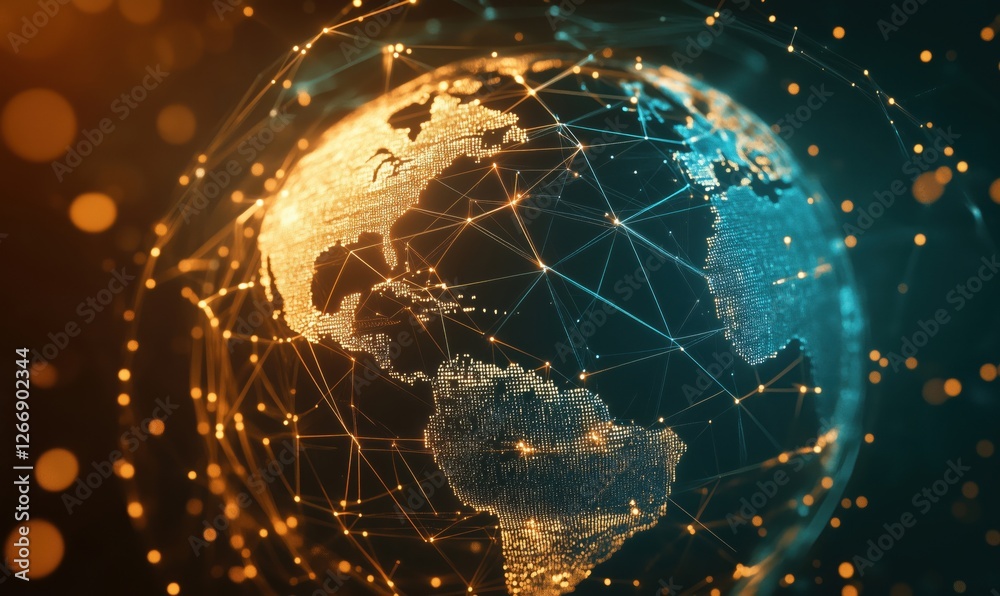 Fototapeta premium Digital globe with interconnected nodes representing global connectivity and technology