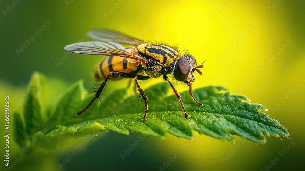 A hoverfly balancing on a leaf, surrounded by the soft green of a plant, as its striped body glistens in the afternoon sun. A hoverfly balancing on a leaf, surrounded by the soft green of a plant, as its striped body glistens in the afternoon sun.
