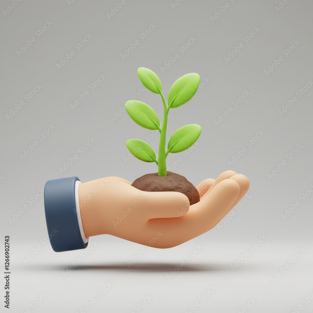 3D illustration of a hand holding a young plant, featuring a minimal design with business elements in a 3D icon theme
3D illustration of a hand holding a young plant, featuring a minimal design with business elements in a 3D icon theme