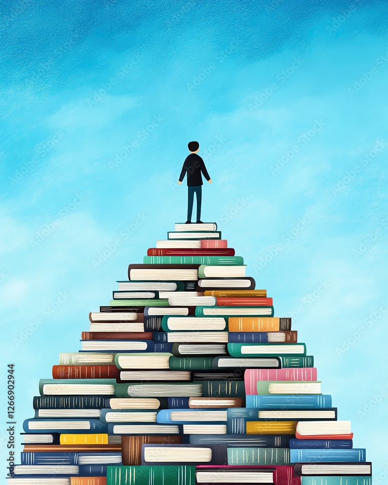 Man stands atop a pyramid of colorful books. Man stands atop a pyramid of colorful books.