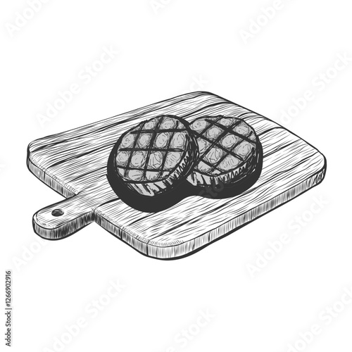 Grilled cutlet on cutting board. BBQ fried cutlet. Pork or beef steak, meat. Delicacy and gourmet Sketch for Picnic, outdoor leisure design. Vector Design element. engraving imitation